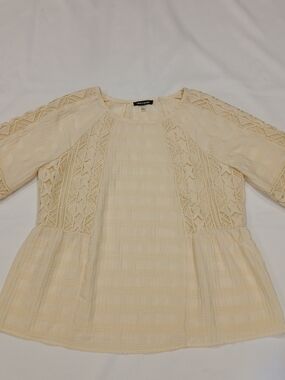 Cable & Gauge Boho Ivory Top Women's Large Lace Detail Peasant Short Sleeves